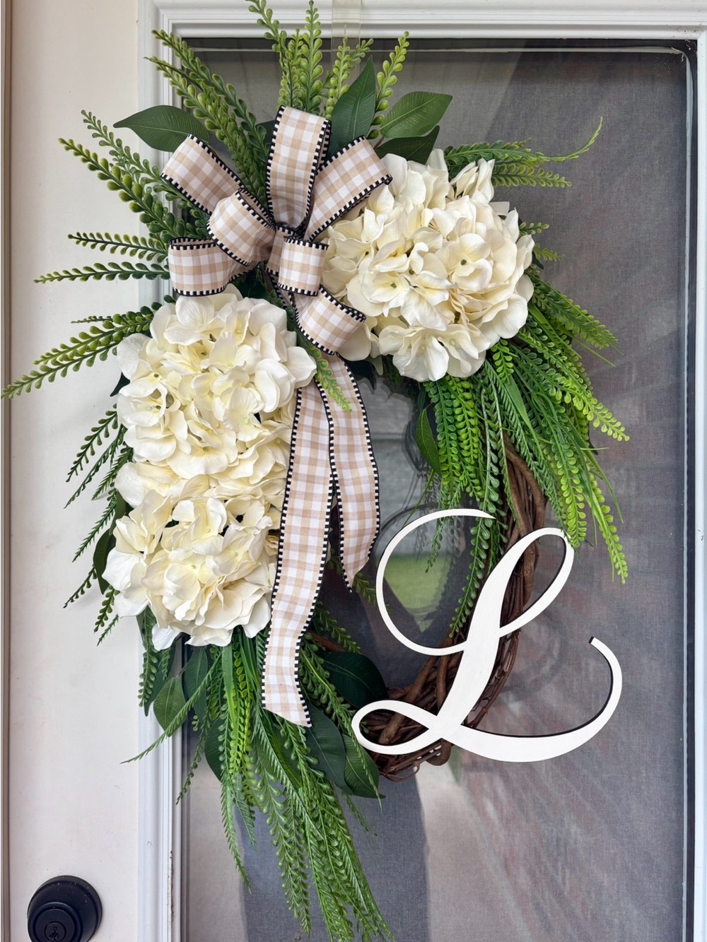 White Hydrangea & Greenery Wreath with Plaid Bow CUSTOMIZE WITH YOUR INITIAL